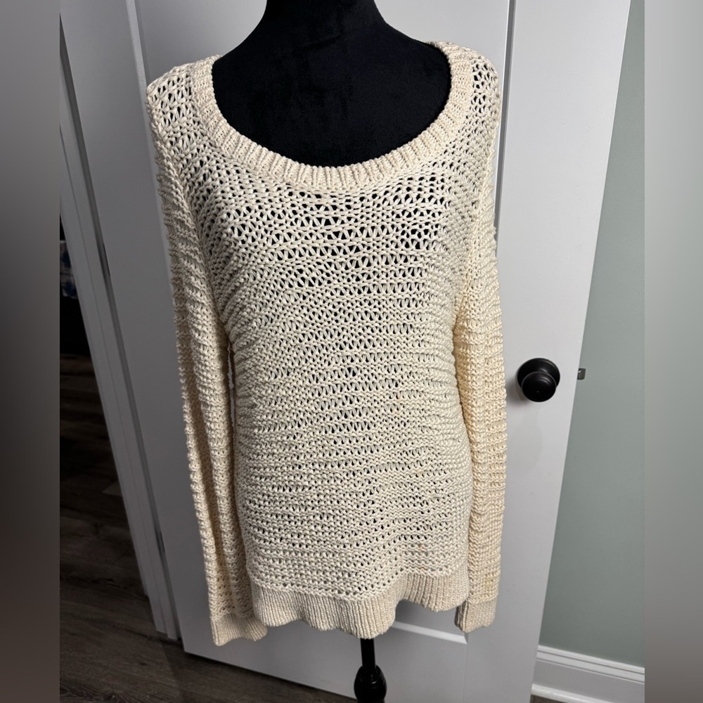 Eileen Fisher Hand Knit Ivory Sweater Large Cotton Blend Textured scoop